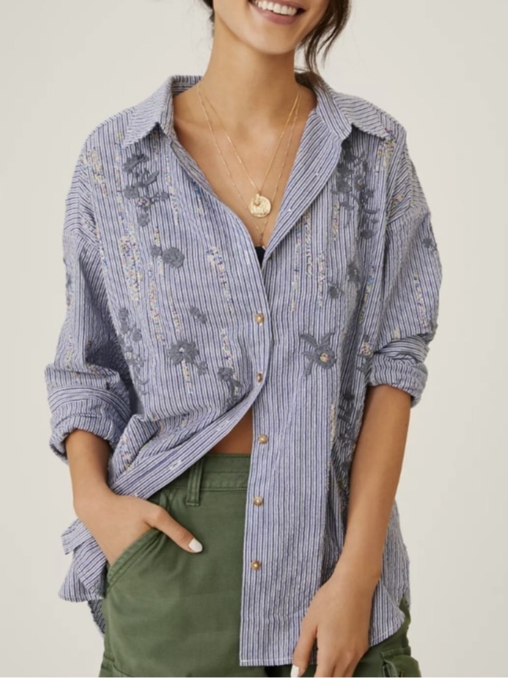 Anthropologie Pilcro Embroidered Beaded Button Down Striped Long Sleeve Shirt XL